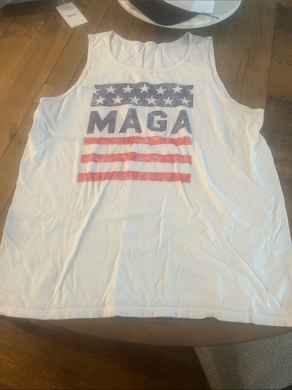 White Tank Top with Red & Blue MAGA Flag Graphic